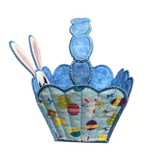 Hand Crafted Easter Basket Bunny with Handle Rabbit Embroidered Blue Kids Toy - Picture 3 of 17